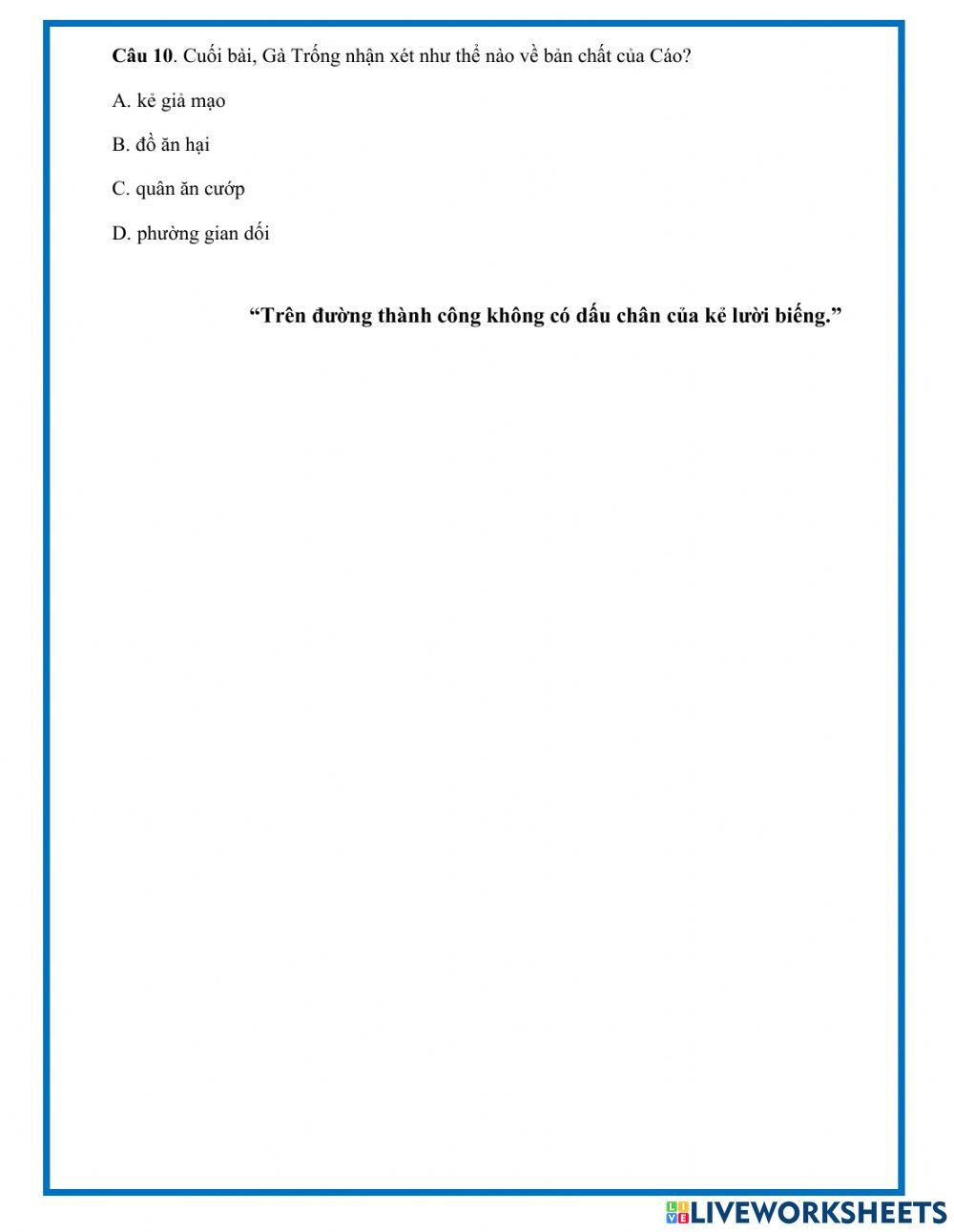 Truyện đọc Gà TRỐNG VÀ CÁO