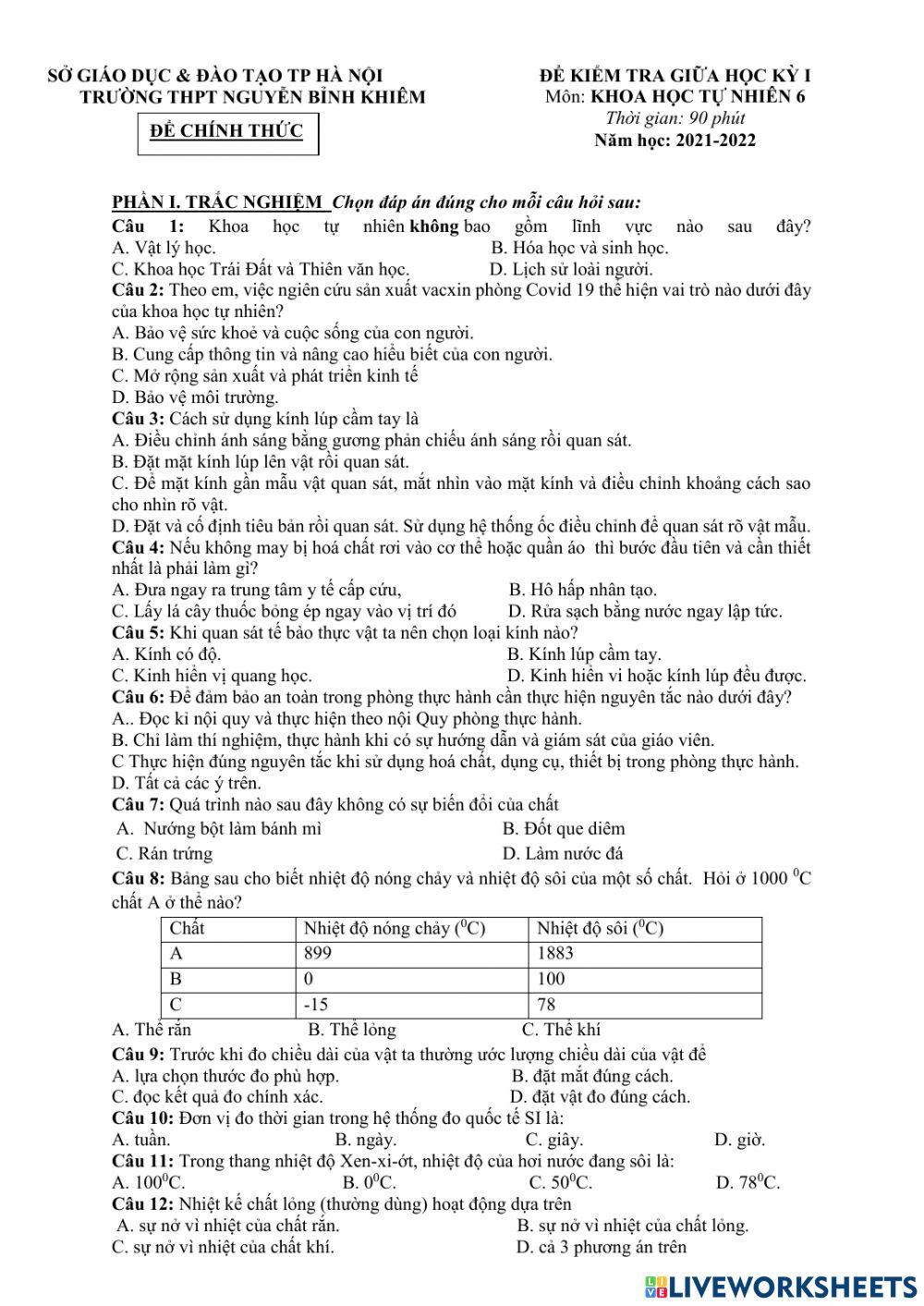 Đề chính thức thi giữa kì 1 khtn6