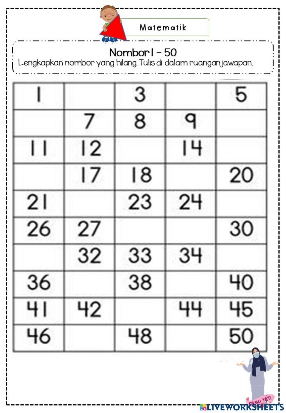 Nombor 1-50 | Live Worksheets