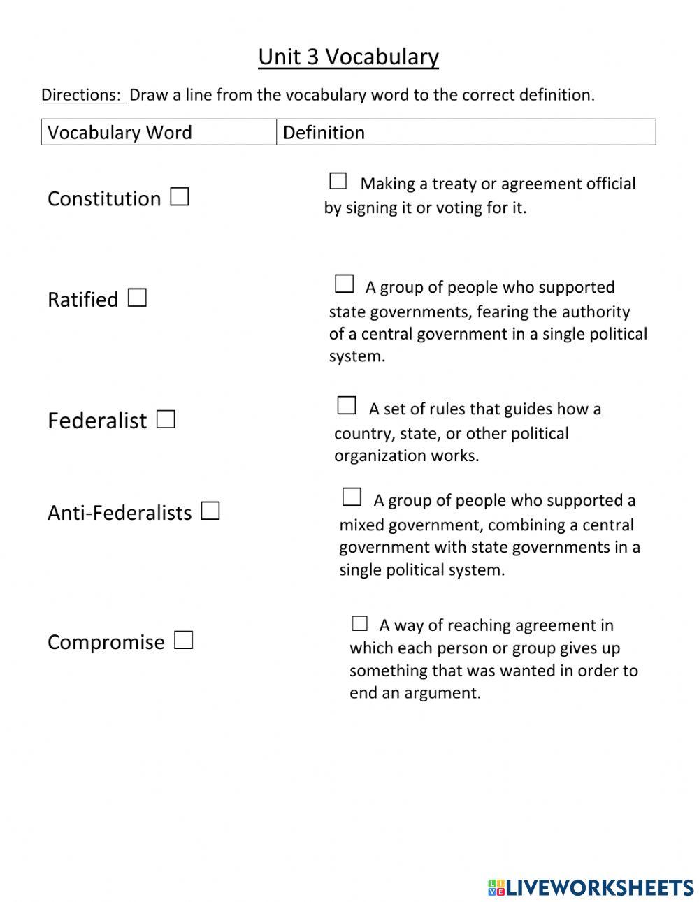 Unit 3 Federalists and Anti Federalists Vocab Match Text Only worksheet