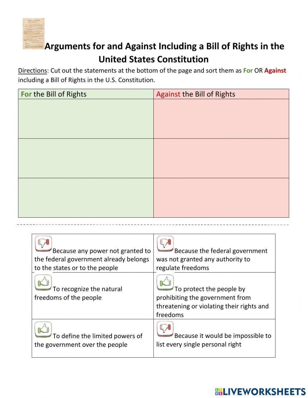 Sort For or Against a Bill of Rights Worksheet - Color Supported