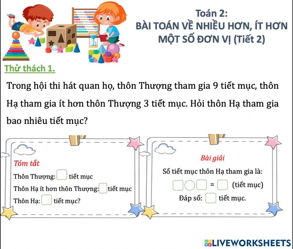 BÀI TOÁN VỀ NHIỀU HƠN, ÍT HƠN MỘT SỐ ĐƠN VỊ (Tiết 2)