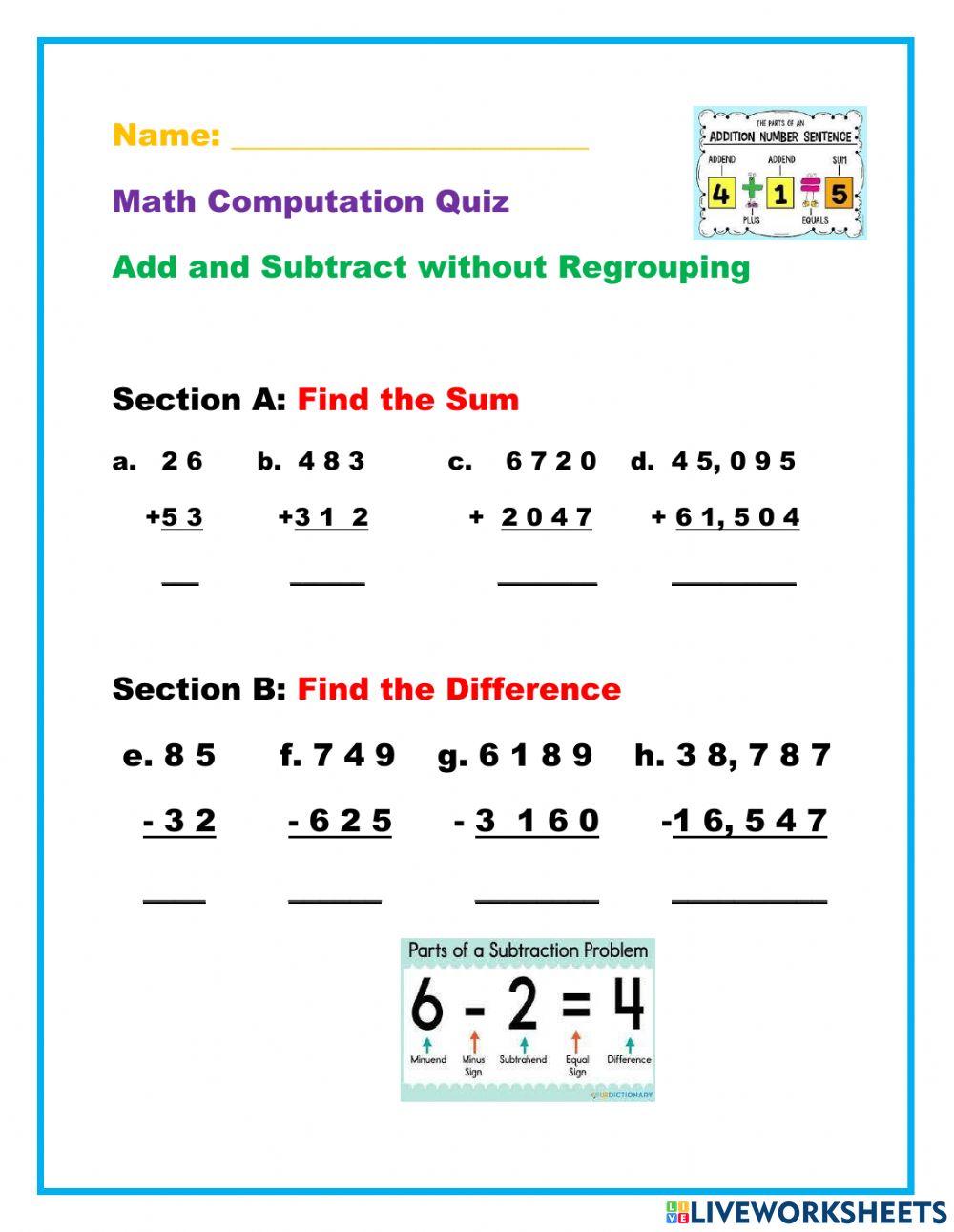 Add and Subtract without regrouping