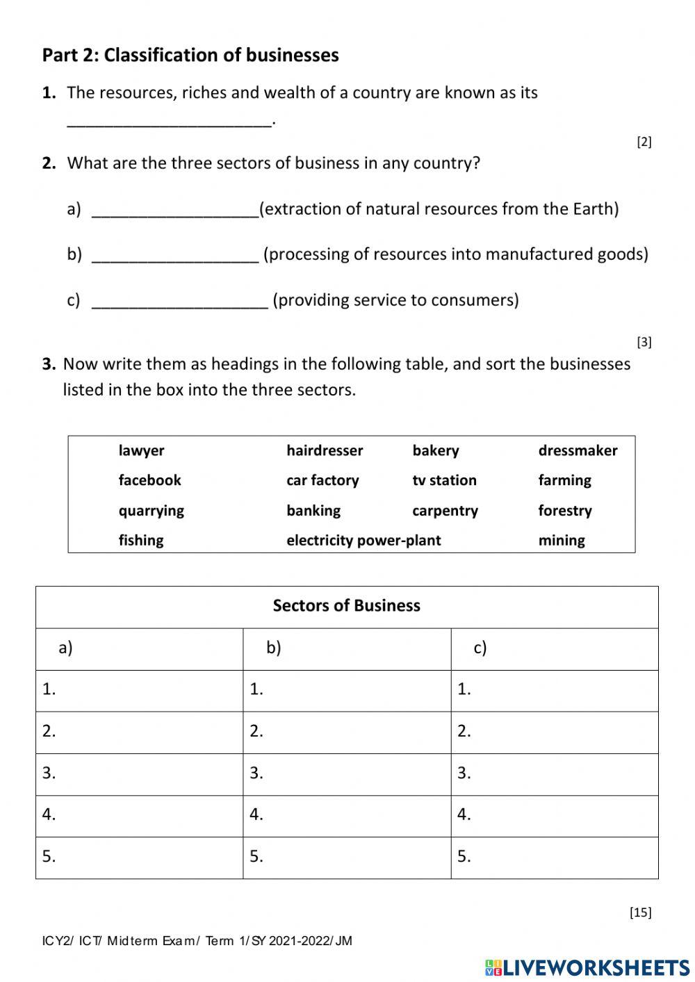 Business studies year 10 exam online exercise for live worksheets