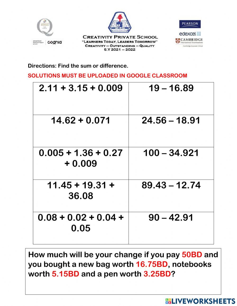 Addition and Subtraction of Decimals