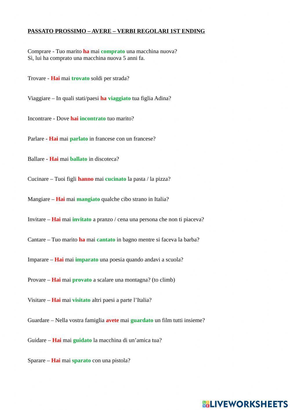 Passato prossimo con avere verbi regolari -are-