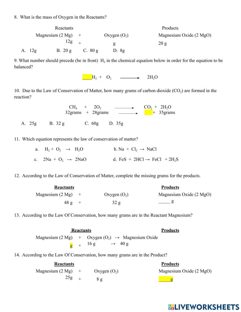 Law of Conservation of Matter Practice Problems