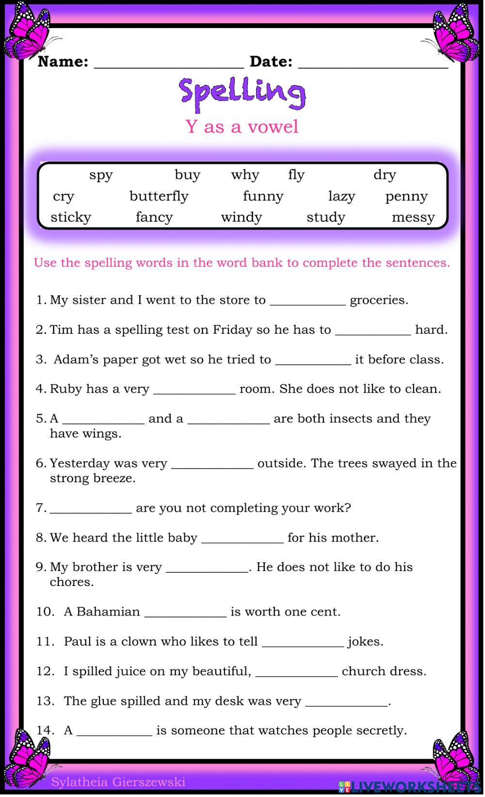 Y as a vowel exercise for 3 Live Worksheets