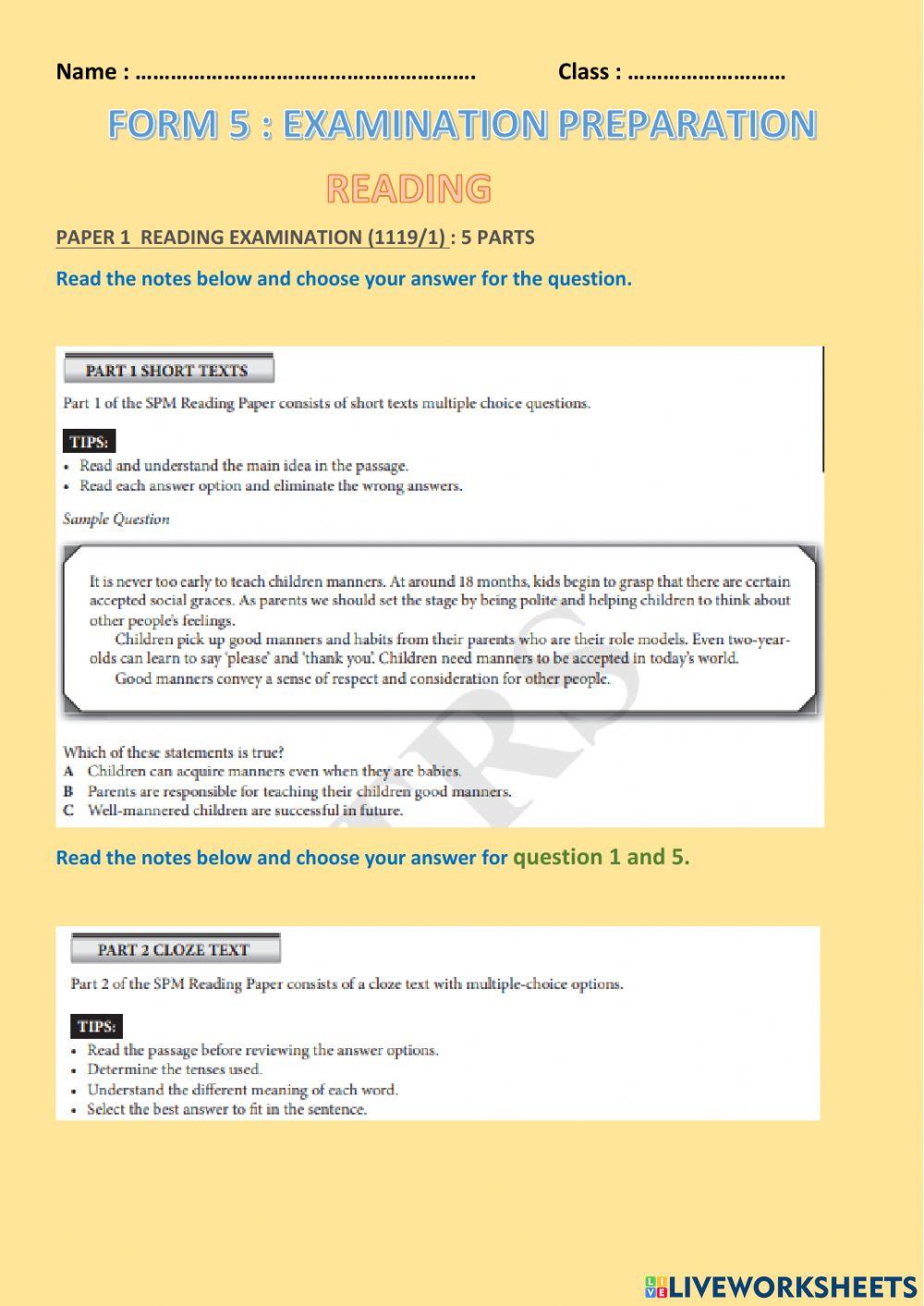 Reading examination SPM CEFR