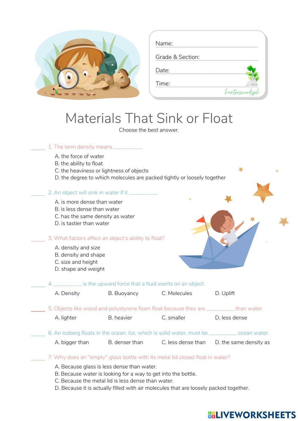 Materials That Sink or Float - Density and Buoyancy -  HuntersWoodsPH.com Worksheet