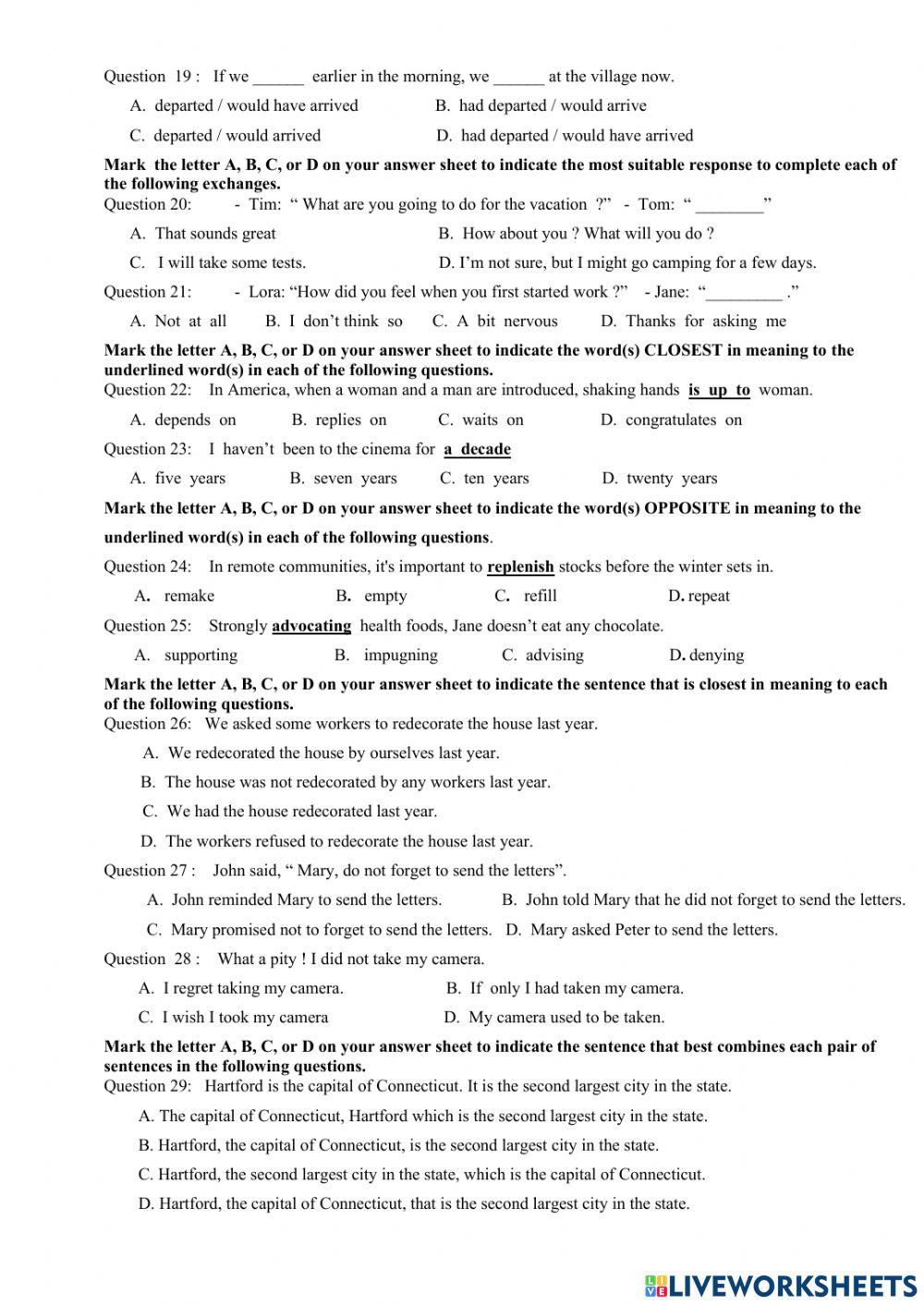 Trial test for students of grade 12