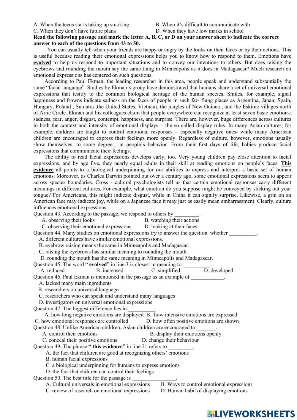 Trial test for students of grade 12