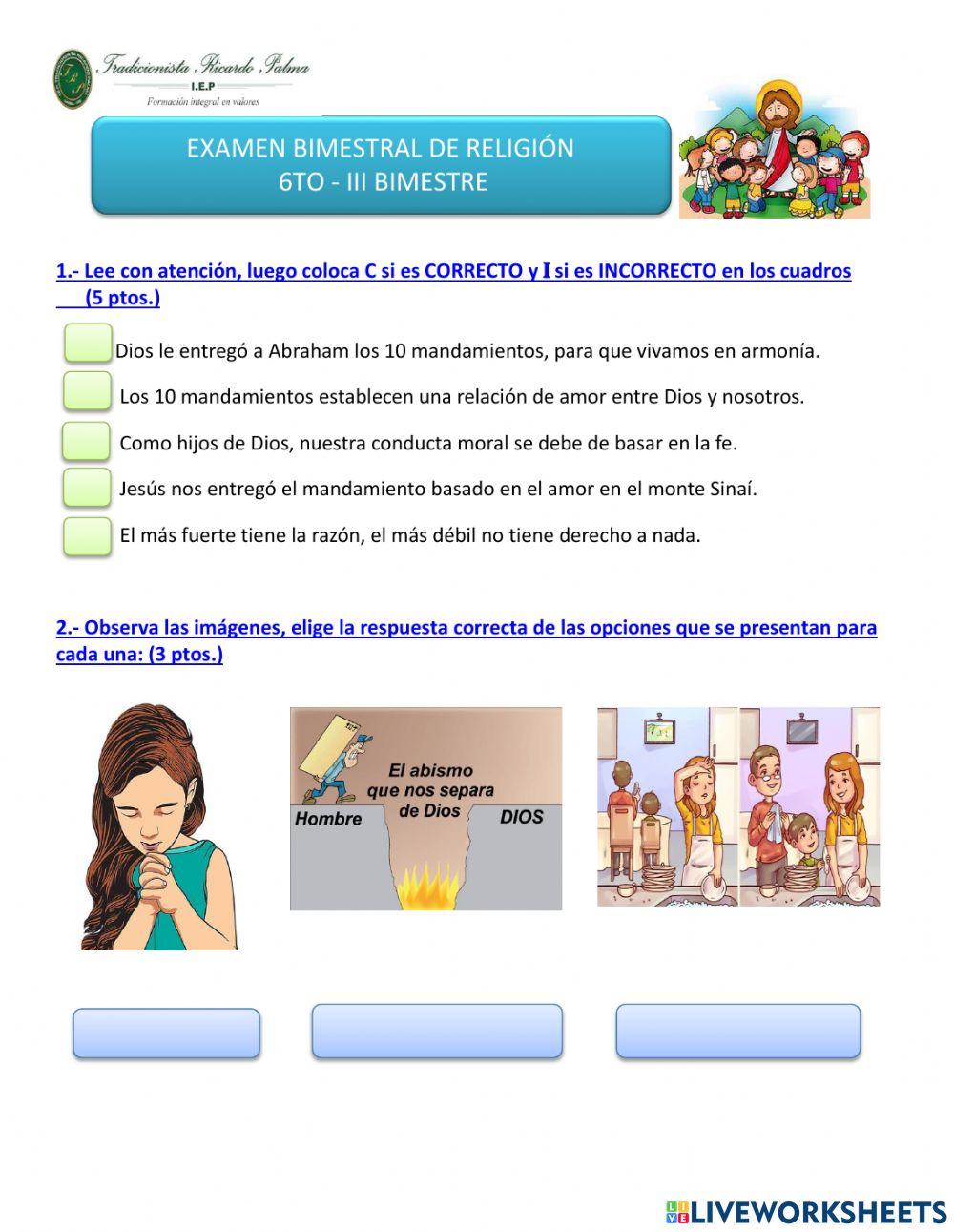 Examen III Bimestre de Religión 6to