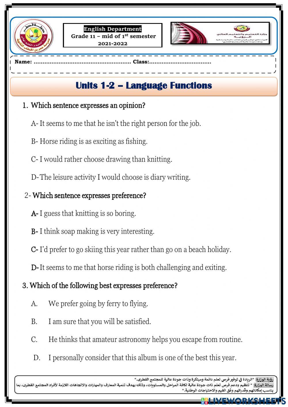 Grade 11- Enrichment worksheet-Vocabulary