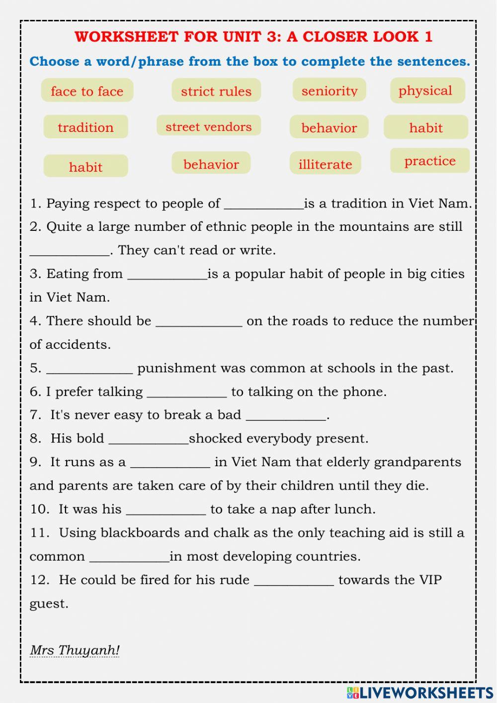 Worksheet for unit 4: a closer look 1