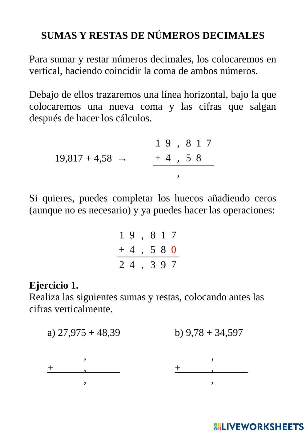 Sumas y restas con decimales
