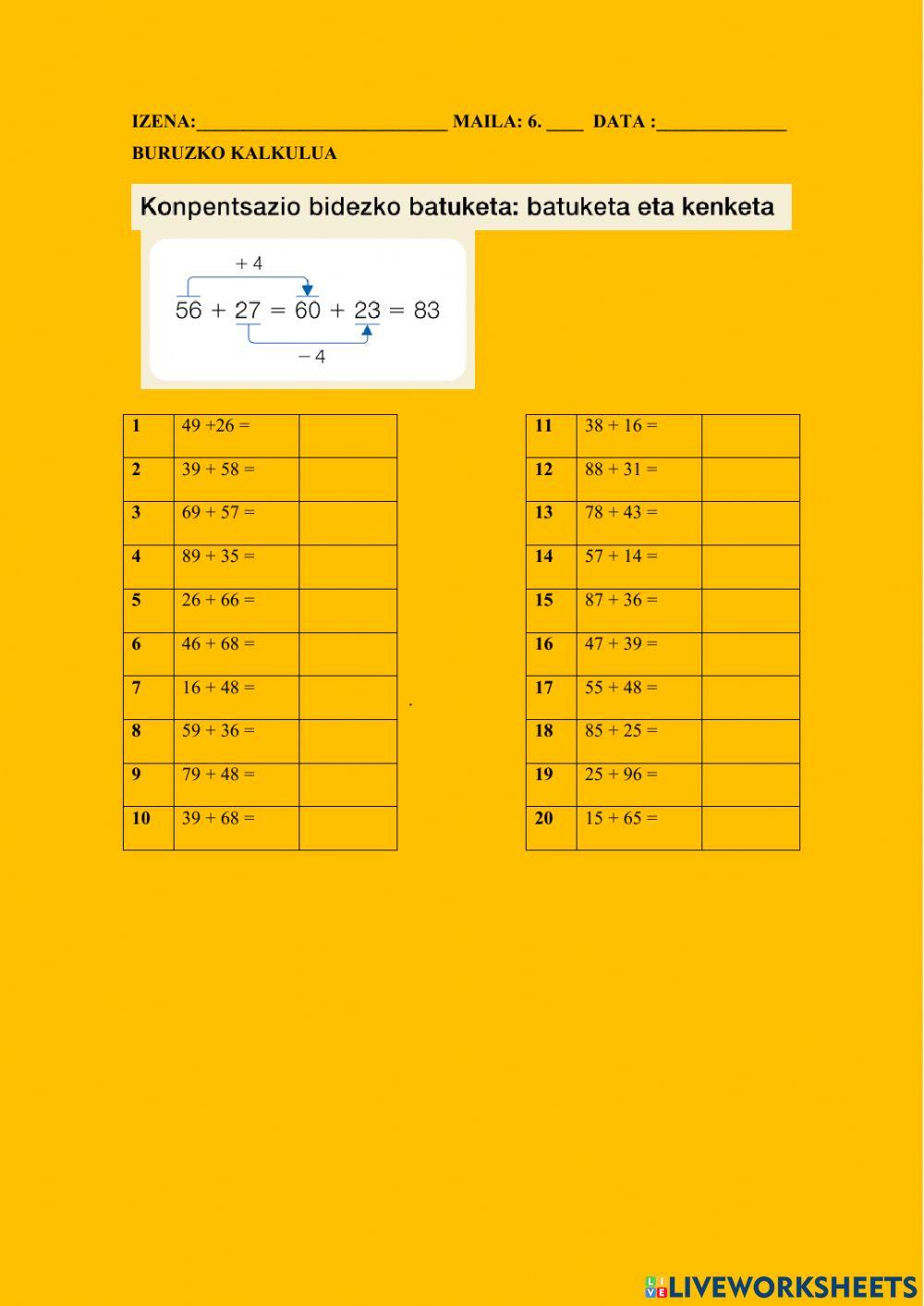 Konpentsazio bidezko batuketa:batuketa eta kenketa