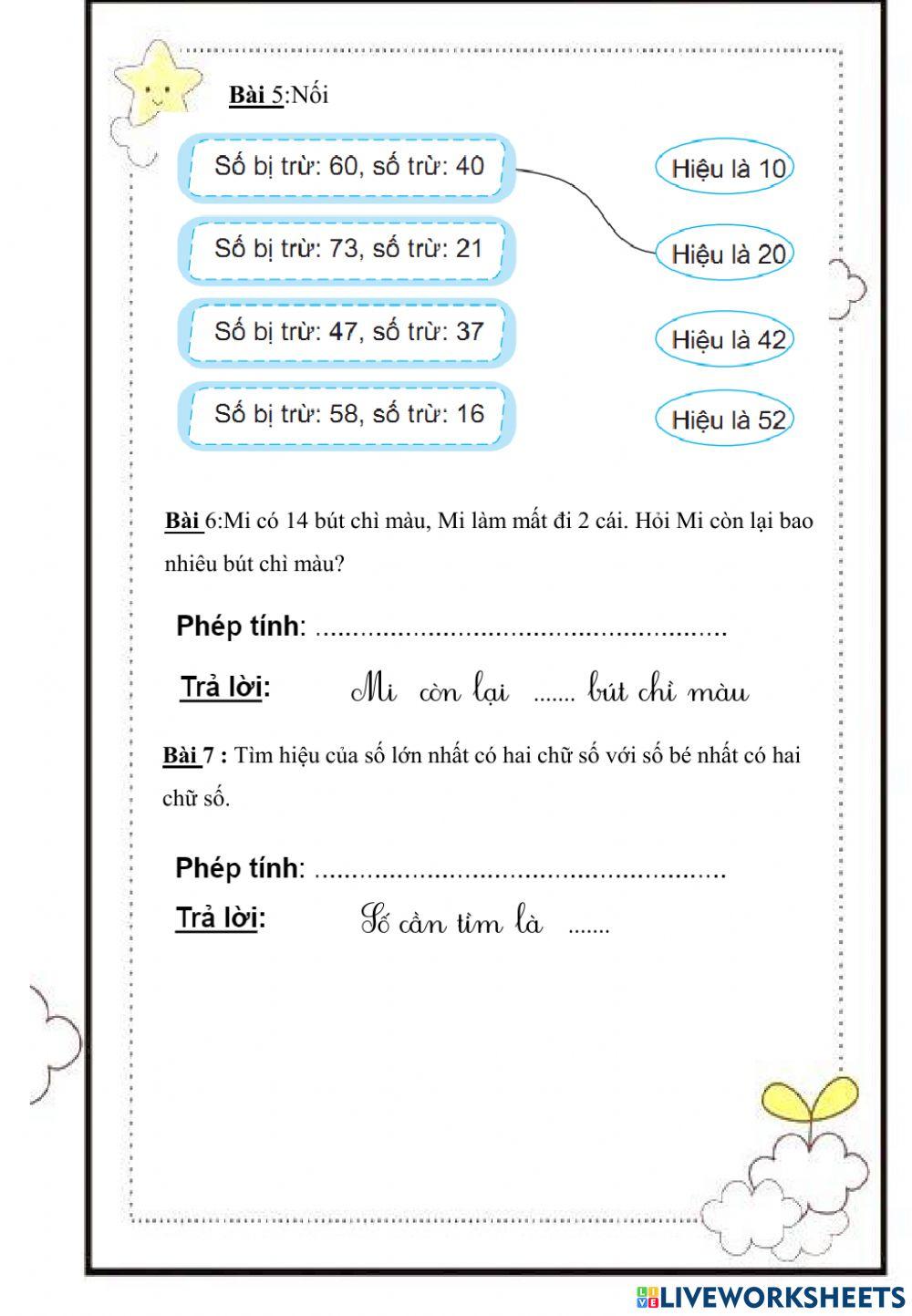 Số bị trừ - Số trừ - Hiệu