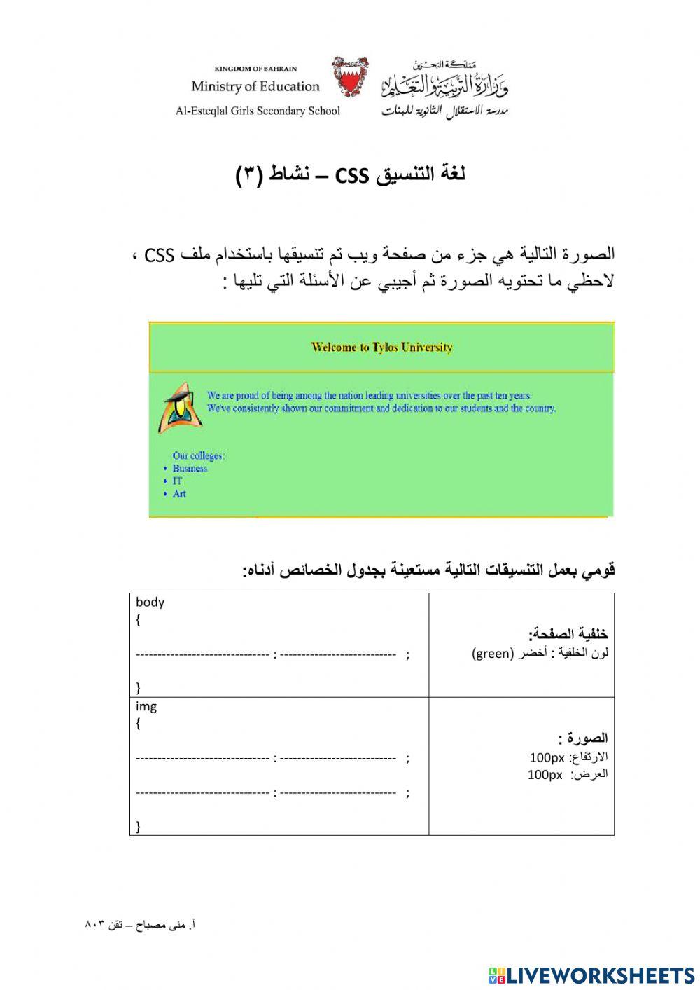 لغة التنسيق CSS - نشاط (3) online exercise for | Live Worksheets