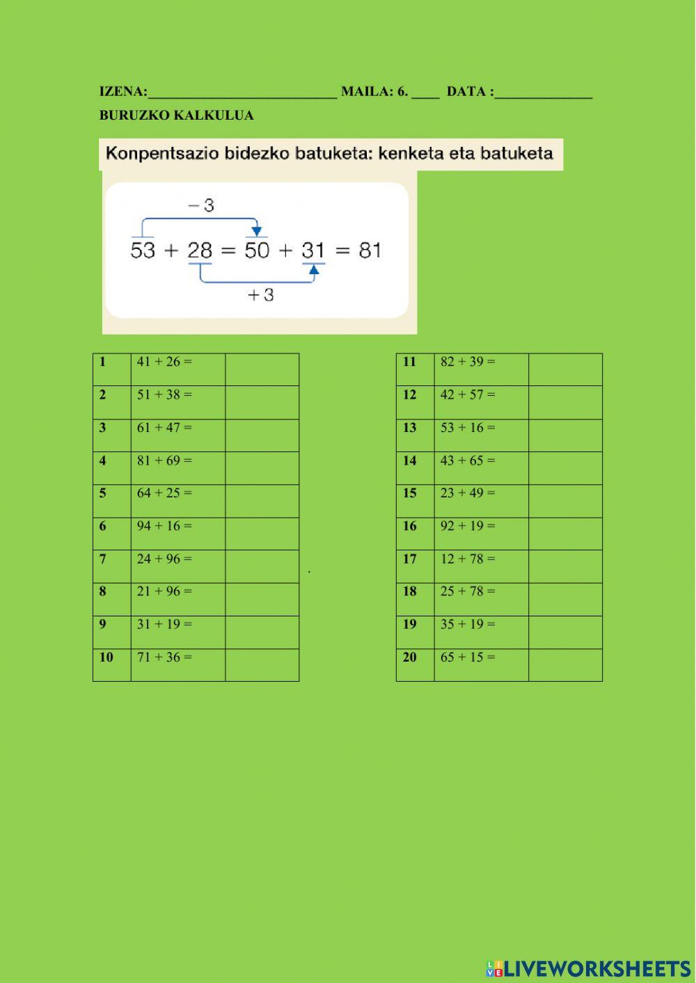 Konpentsazio bidezko batuketa: kenketa eta batuketa