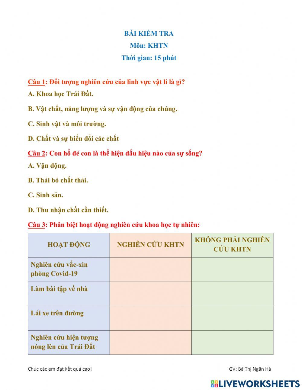 Kiểm tra 15 phút - kì 1 - KHTN6