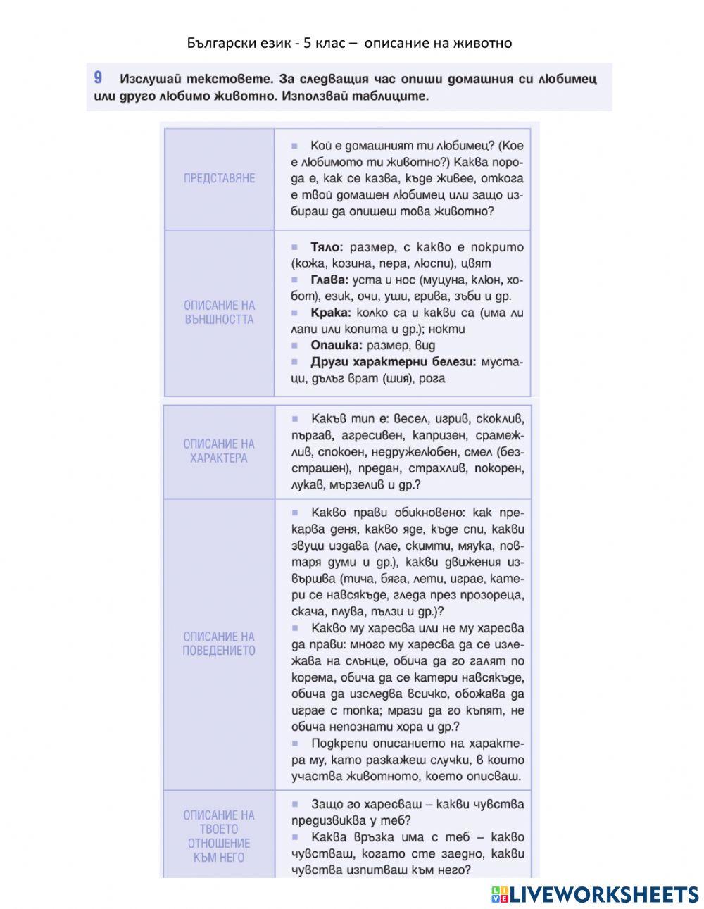 Български език - 5 клас - описание на животно