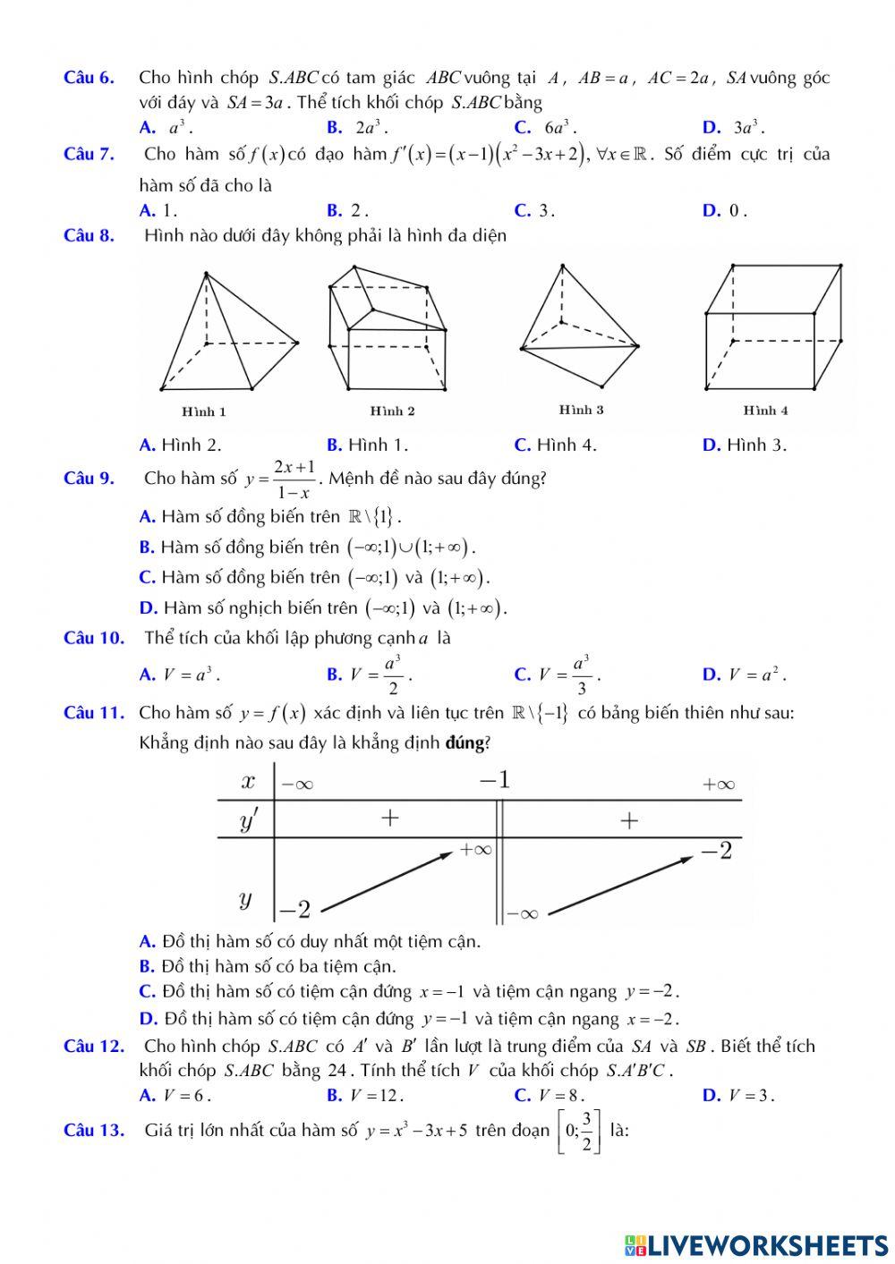 Toán 12 - Kiểm tra GK1 -  Đề 02