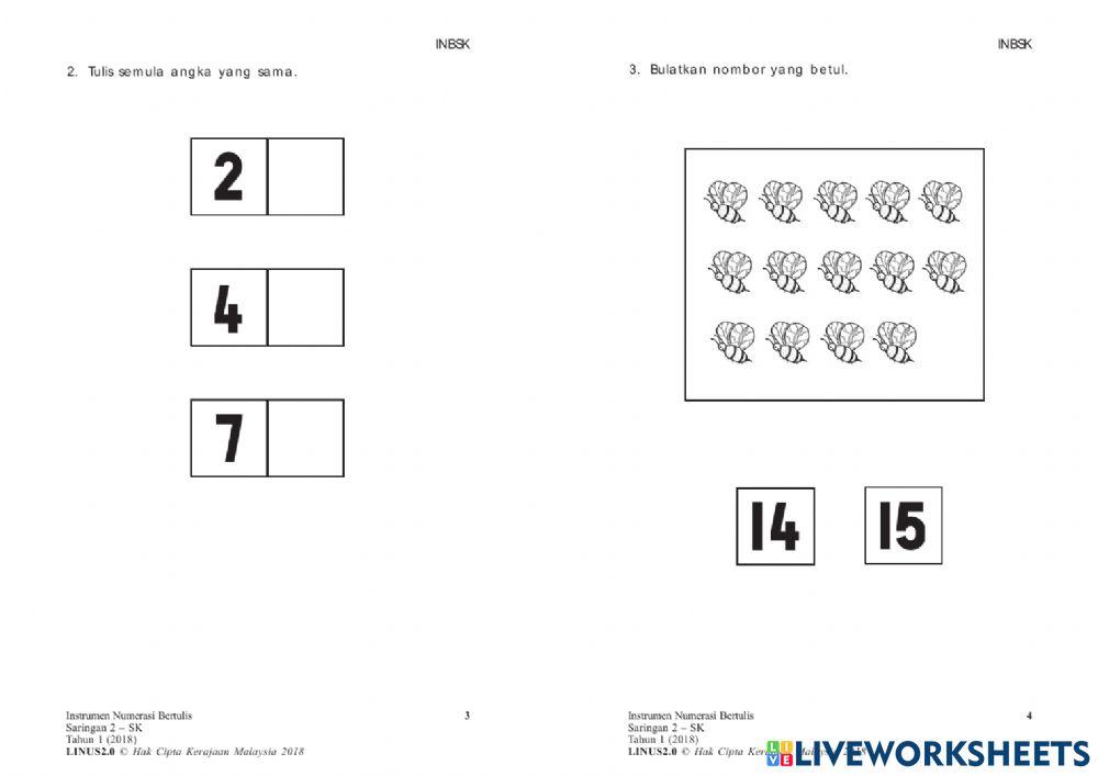 Instrumen menulis NUMERASI tahun 1