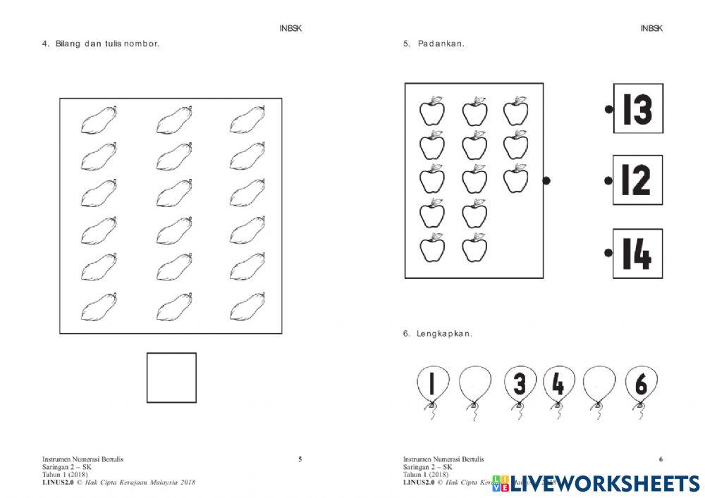 Instrumen menulis NUMERASI tahun 1
