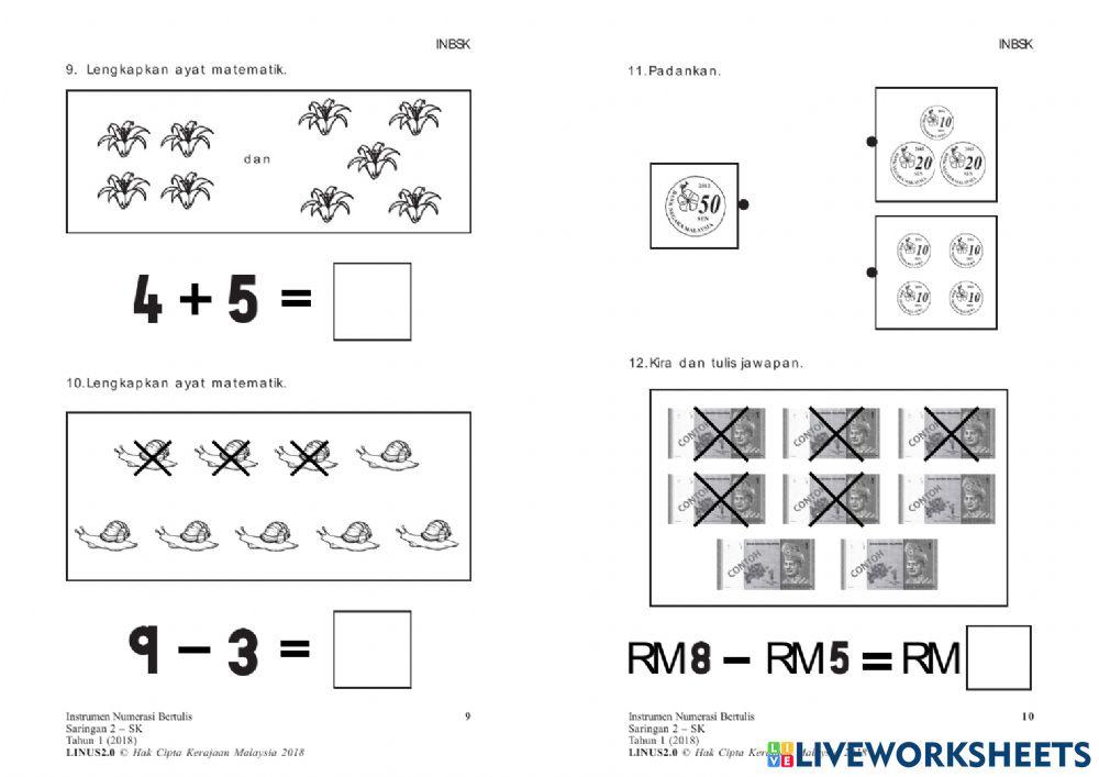 Instrumen menulis NUMERASI tahun 1