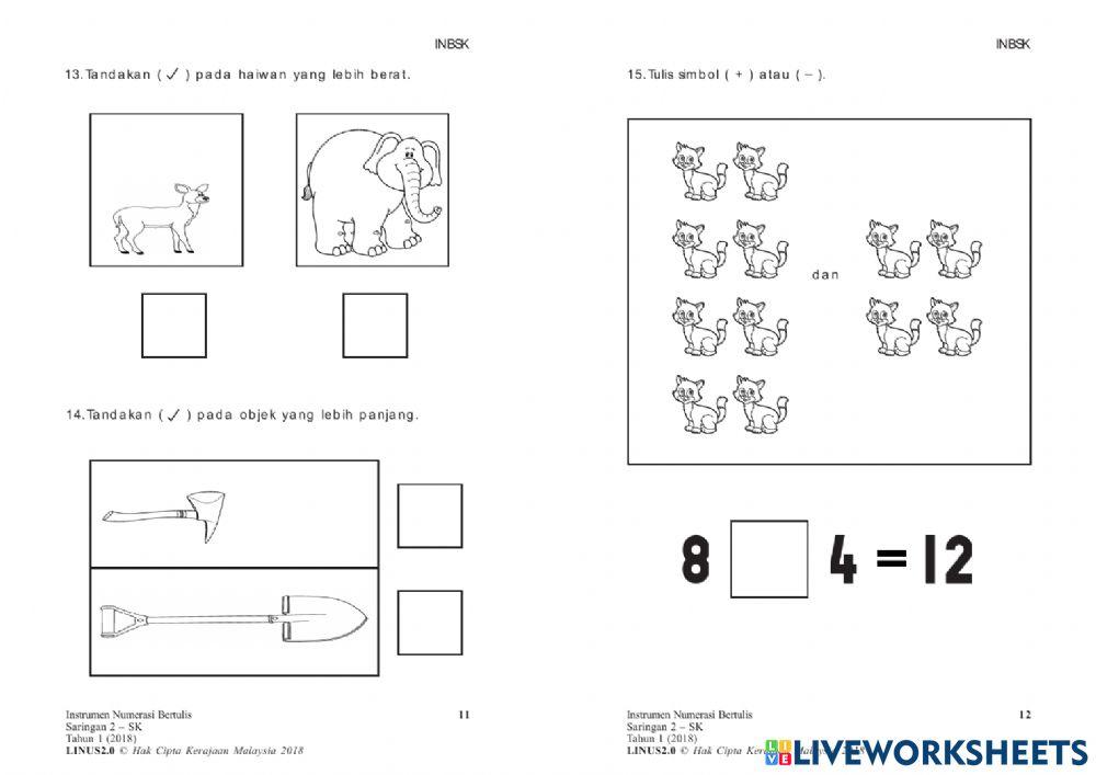 Instrumen menulis NUMERASI tahun 1
