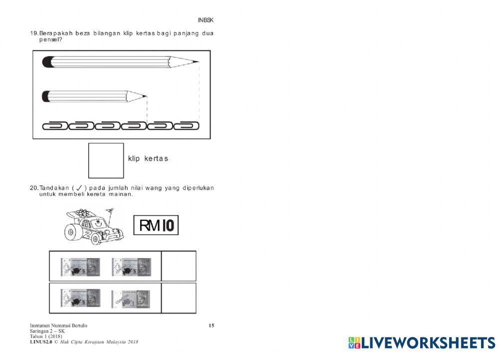 Instrumen menulis NUMERASI tahun 1