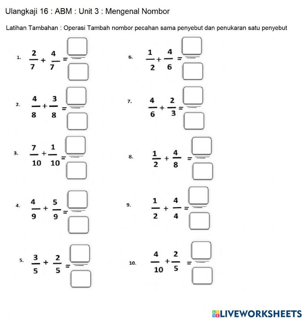 Operasi Tambah Nombor Pecahan