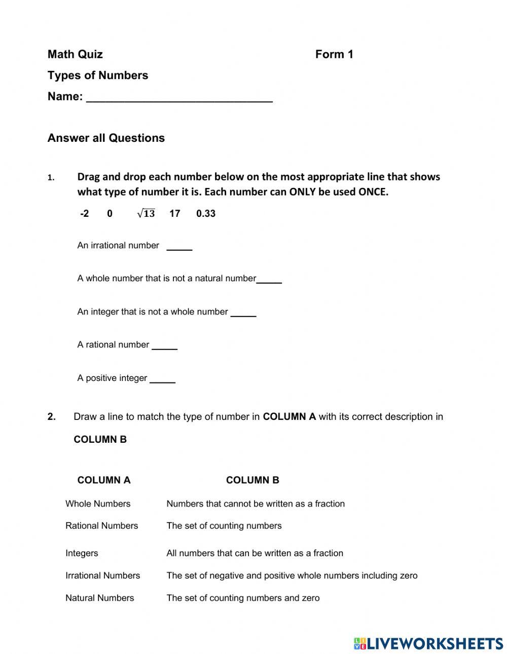 Types Of Numbers Worksheet For Grade 7 Live Worksheets