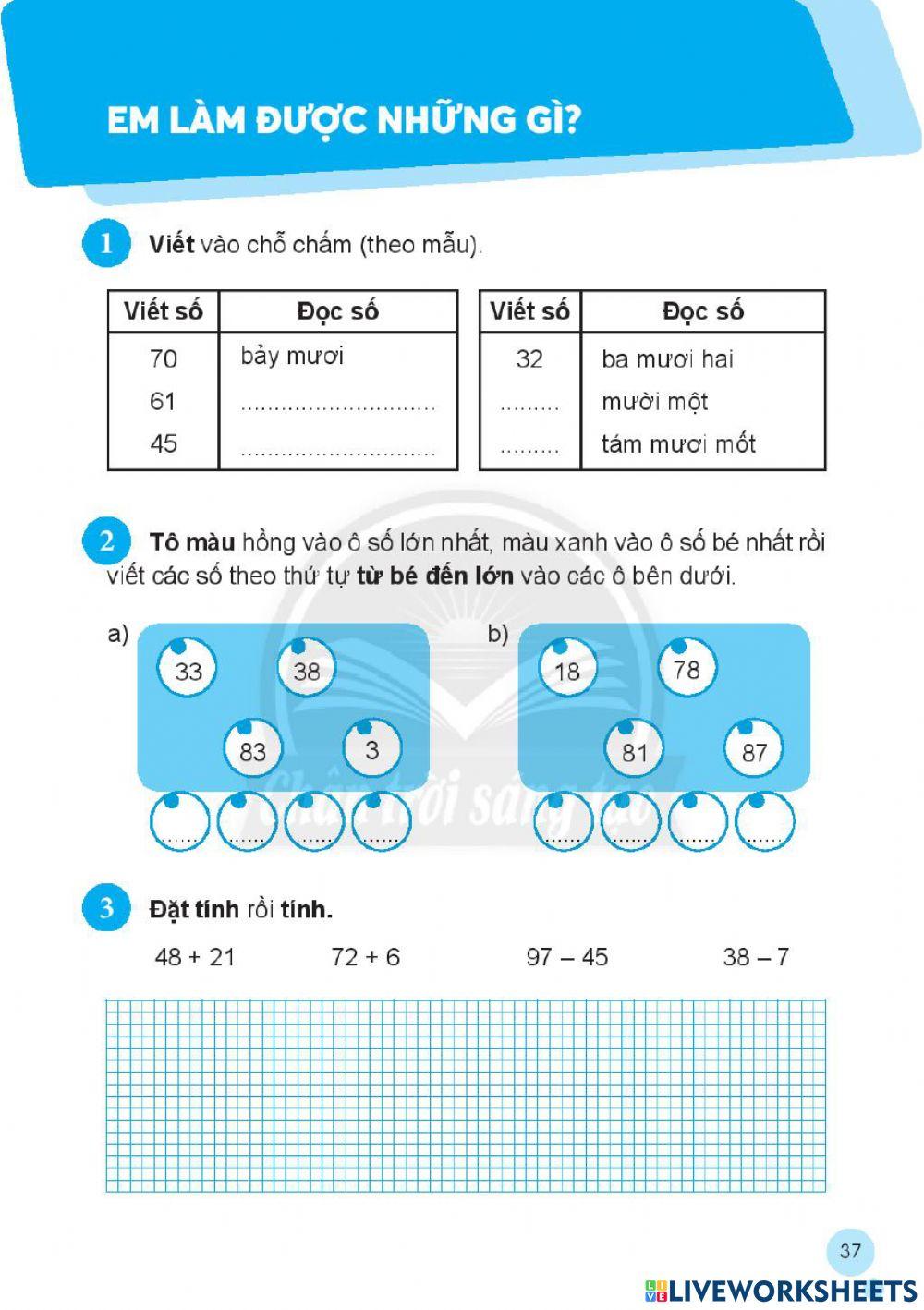 Phiếu bài tập toán trang 37 lớp 2