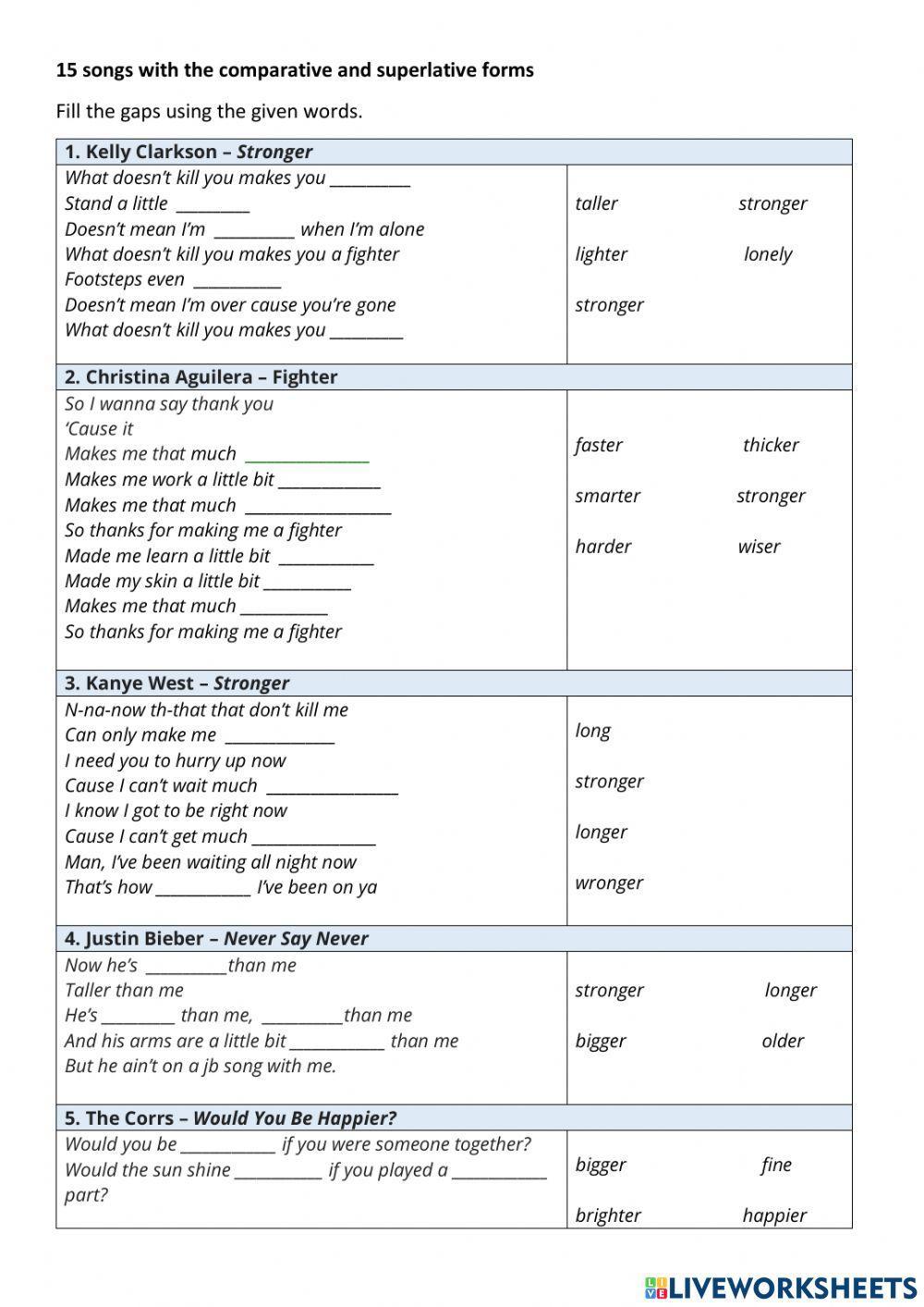 15 songs with comparative forms