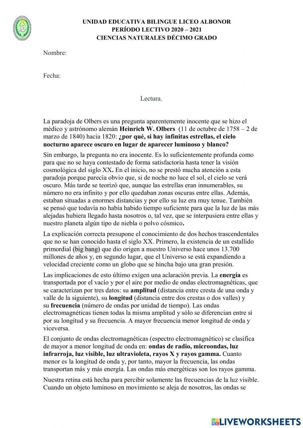 Lectura comprensiva sobre onda electromagnéticas