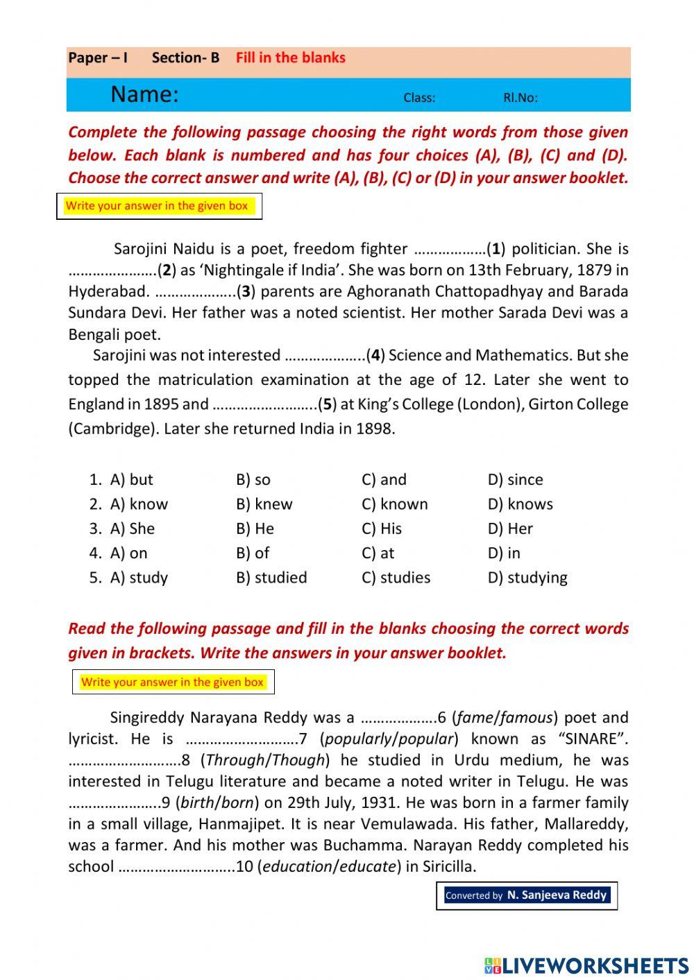 Paper I Sec B Fill in blanks 1 biography