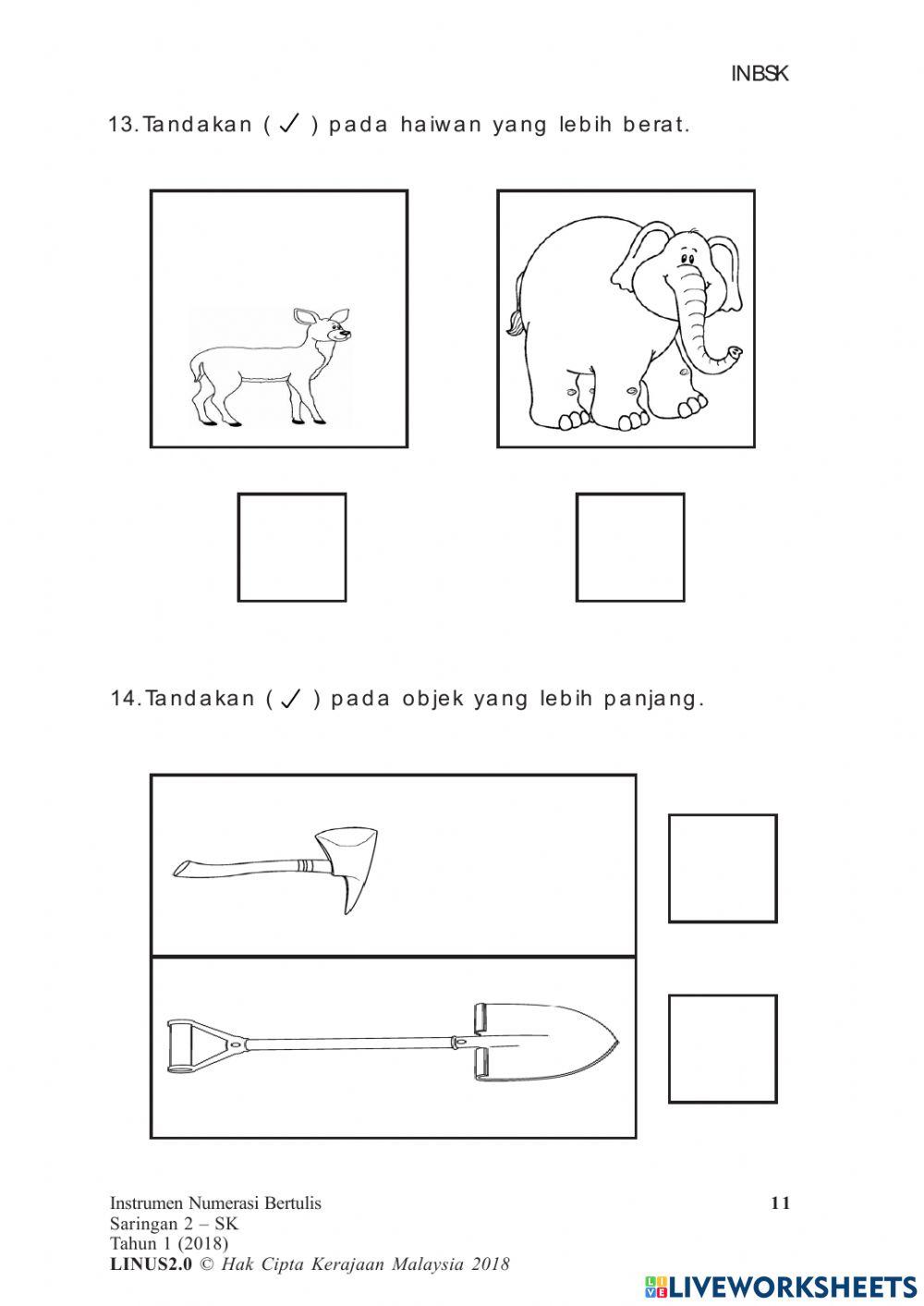 BAHAGIAN 2 - instrumen MENULIS NUMERASI  tahun 1 2018