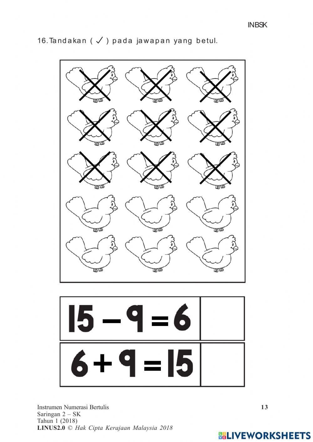 BAHAGIAN 2 - instrumen MENULIS NUMERASI  tahun 1 2018