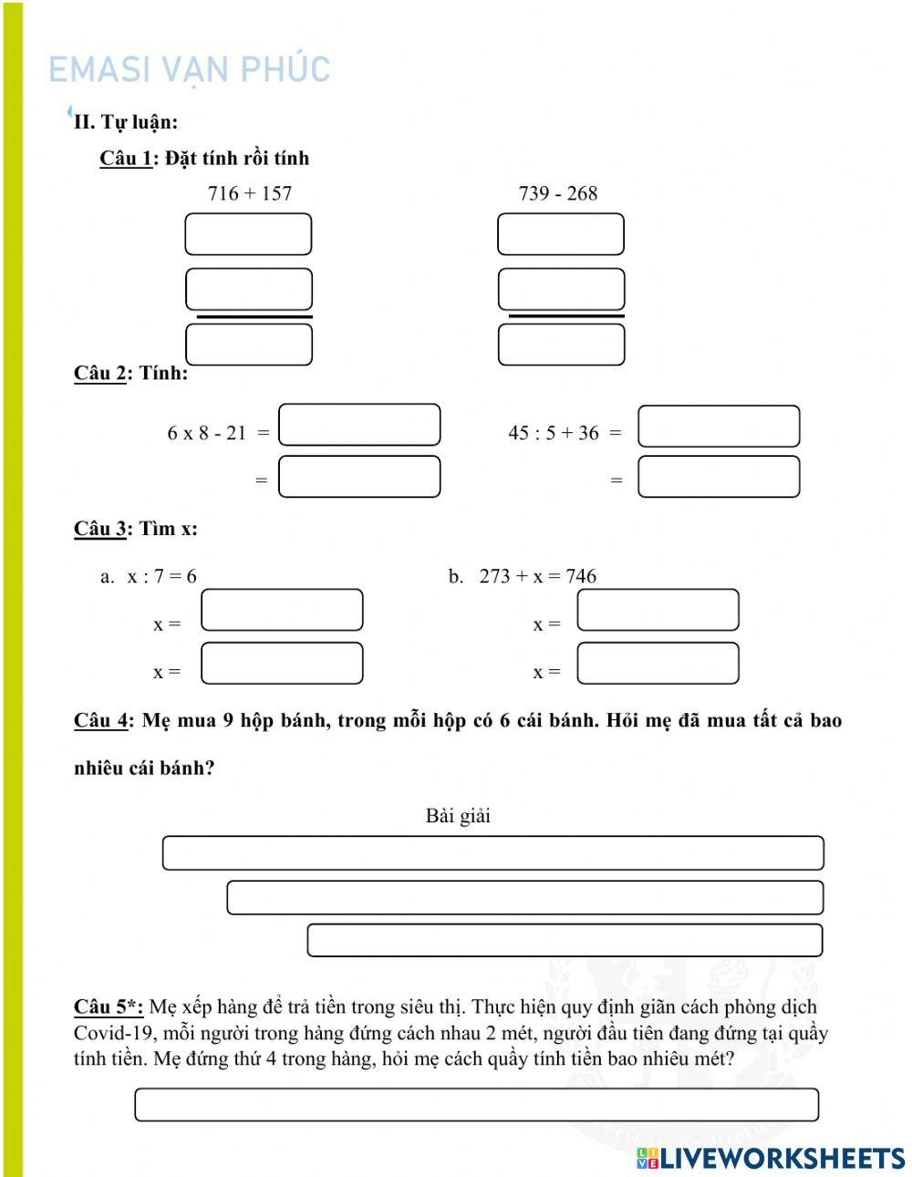 Phiếu kiểm tra cuối tuần 6 - TOÁN