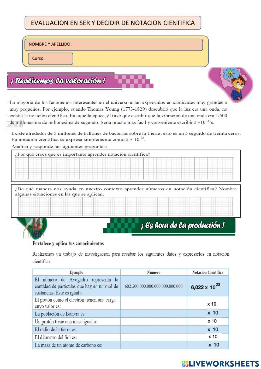 Evaluacion en ser y decicir de notacion cientifica