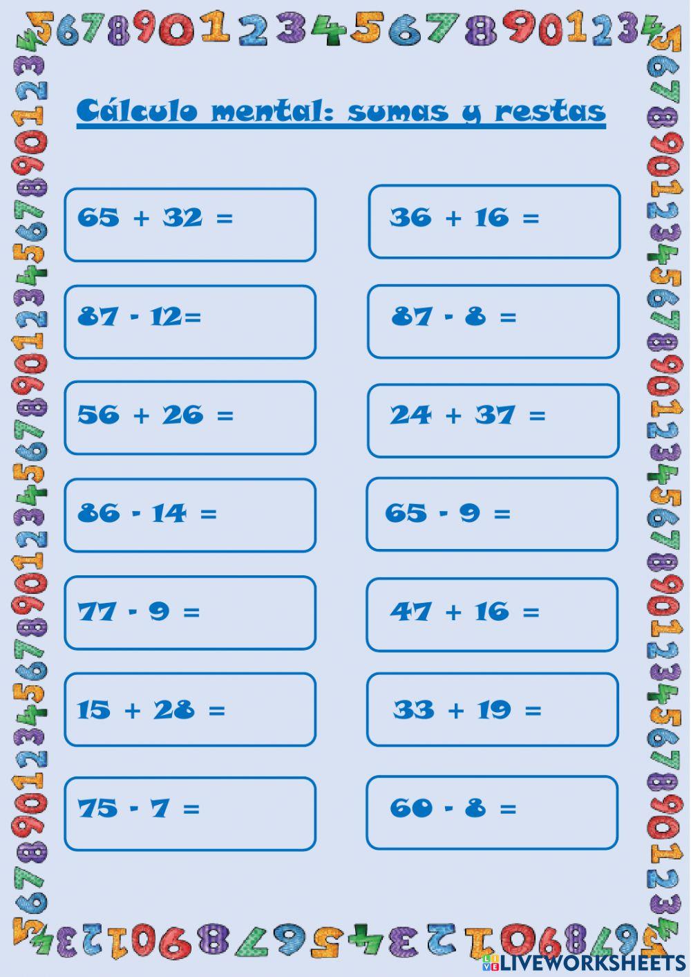 Cálculo mental. Sumas y restas