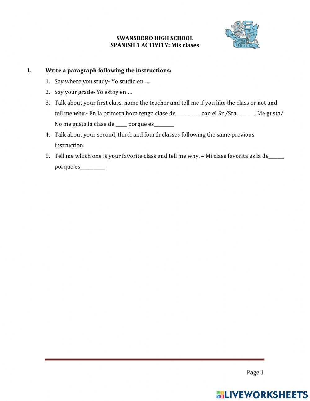 Mis clases (Writing activity)