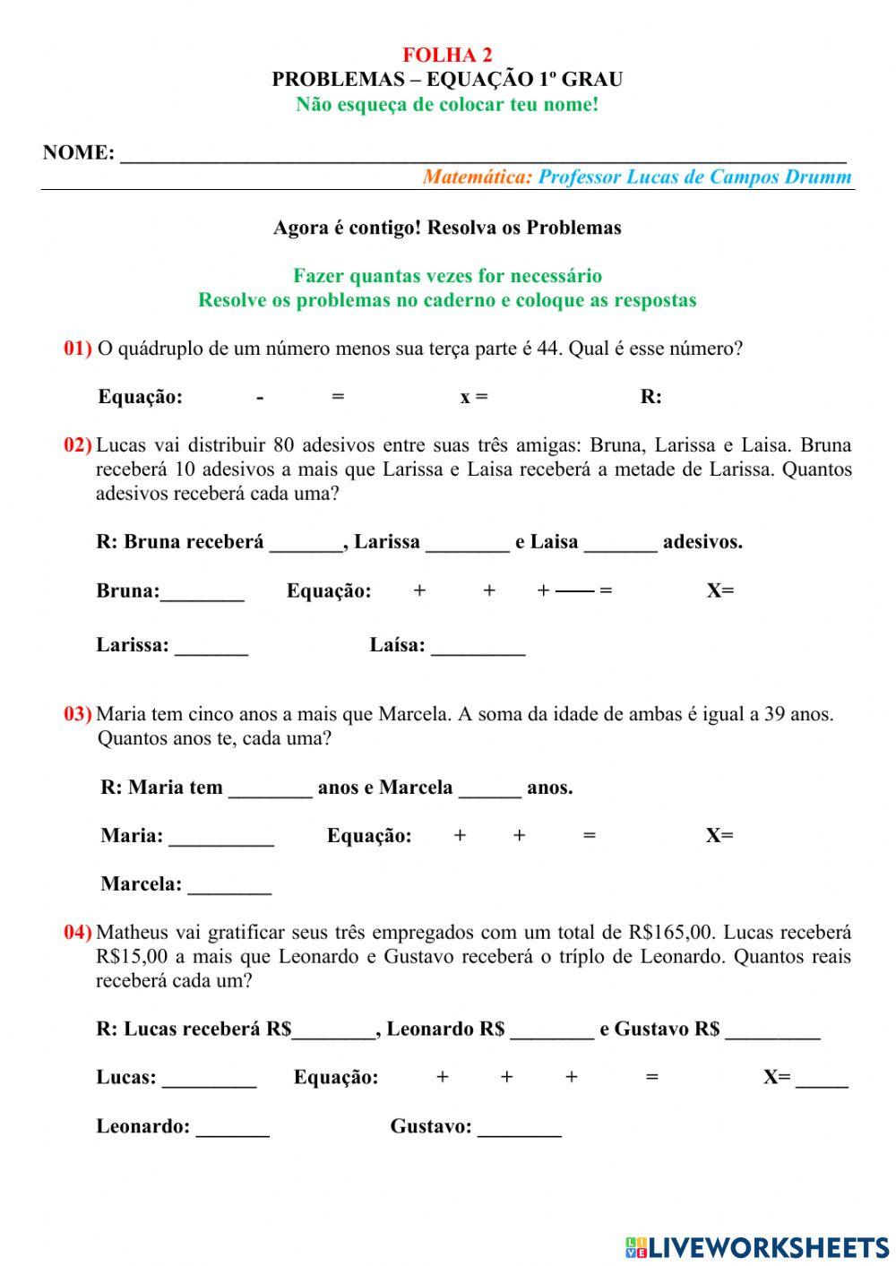 Problemas – equação 1º grau