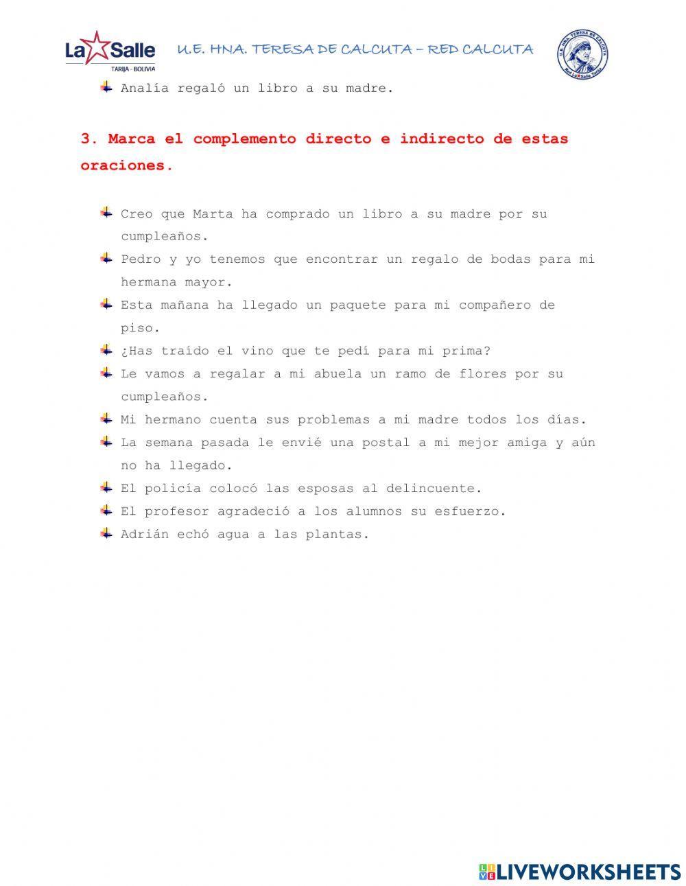 COMPLEMENTO DIRECTO Y COMPLEMENTO INDIRECTO