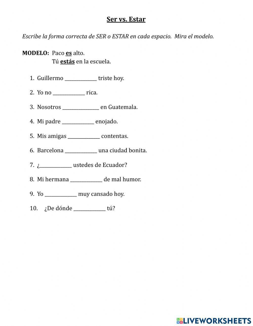 Ser vs. Estar Worksheet worksheet | Live Worksheets Ser vs. Estar Worksheet worksheet | Live Worksheets