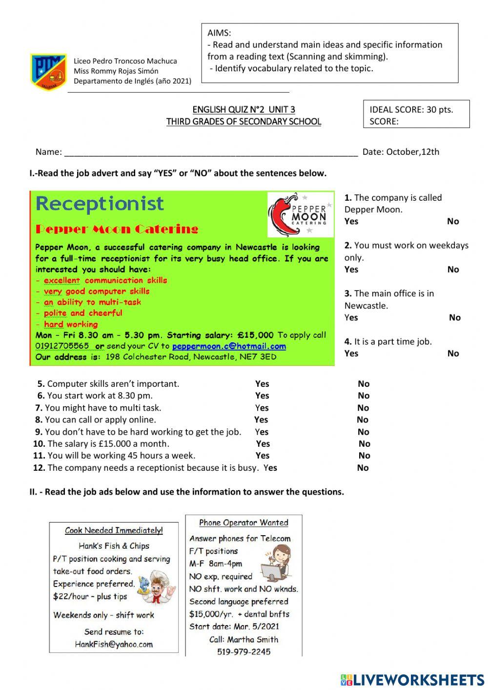 English quiz N2 (3° grade)