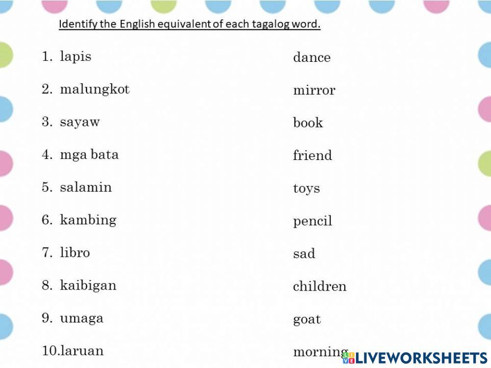 English Equivalent of Tagalog Terms