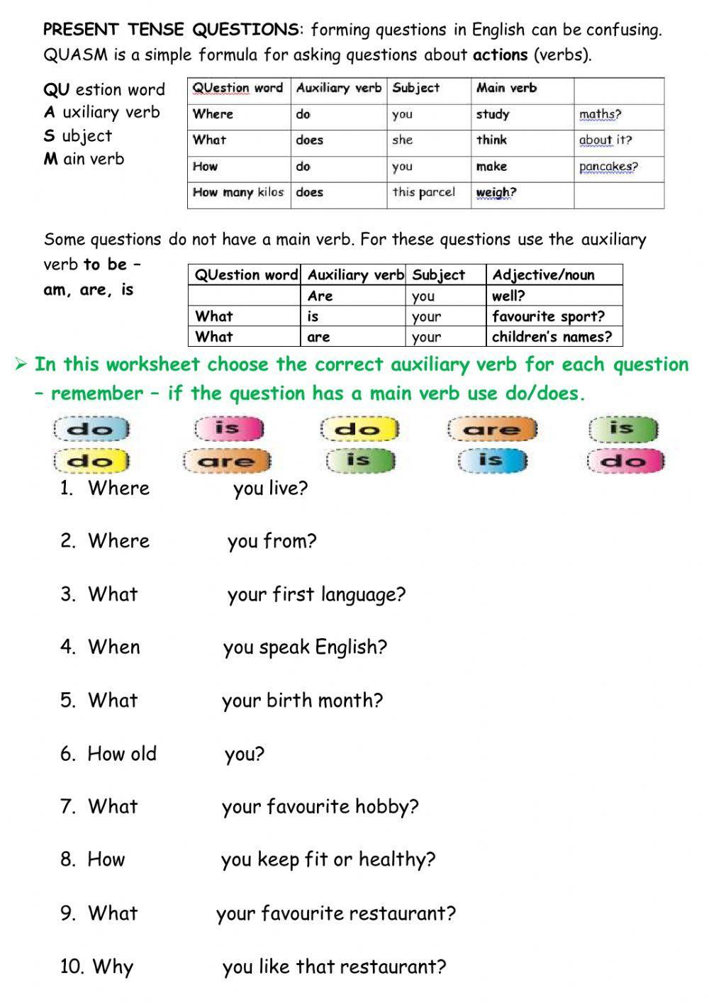 Auxiliary Verbs (do is are) in Present Simple Questions